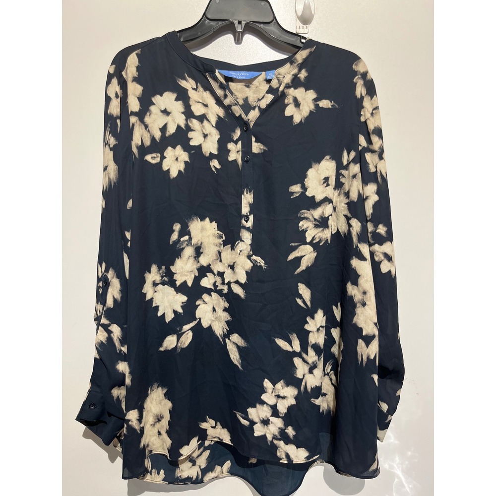 Simply Vera Vera Wang Navy Cream Floral Roll Tab Sleeve Blouse XL